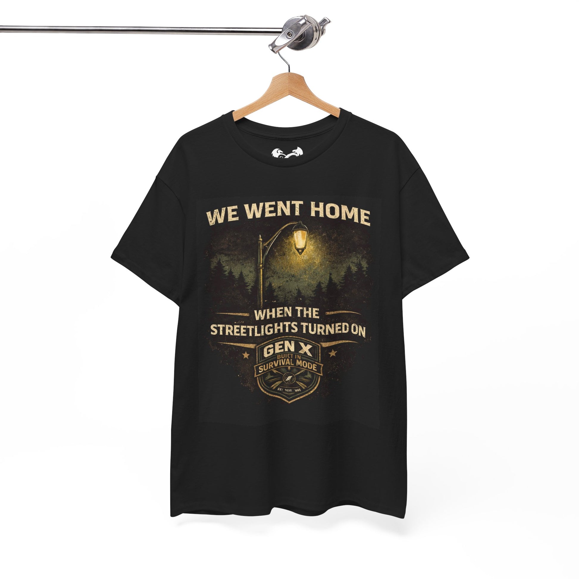 Black t-shirt with graphic design and text on a hanger against a white background