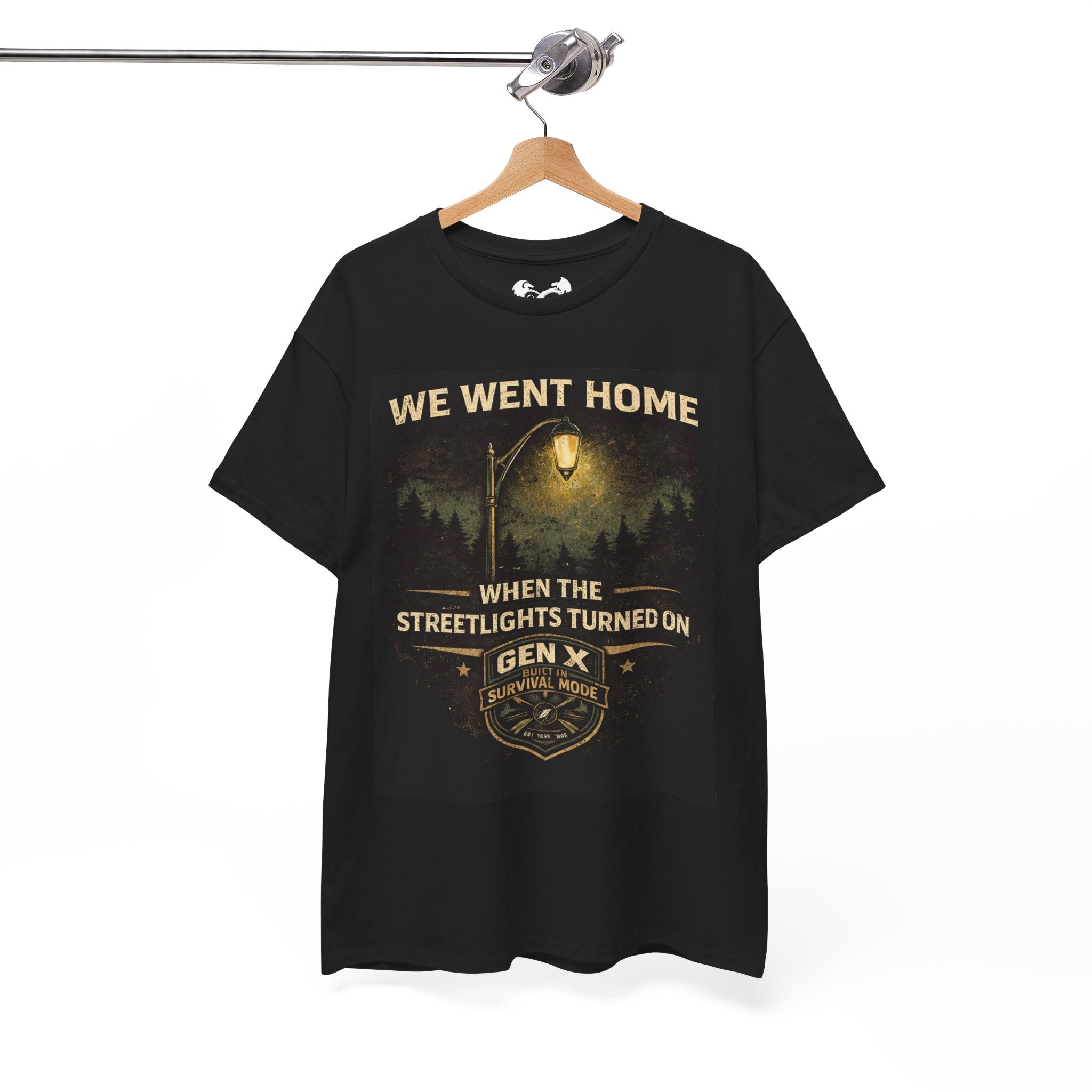 Black t-shirt with graphic design and text on a hanger against a white background
