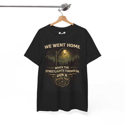 Black t-shirt with graphic design and text on a hanger against a white background
