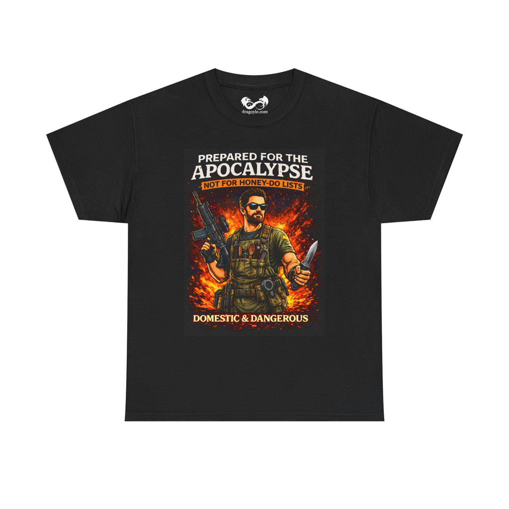 Black t-shirt with graphic design of a person holding weapons and text 'Prepared for the Apocalypse' on a white background.