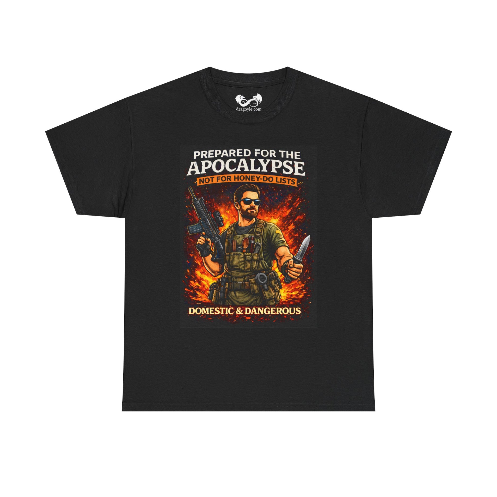 Black t-shirt with graphic design of a person holding weapons and text 'Prepared for the Apocalypse' on a white background.