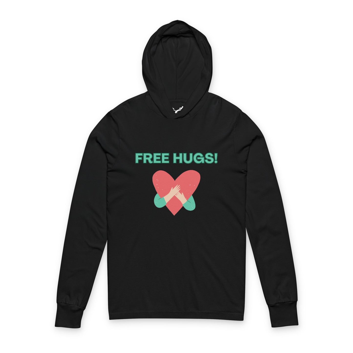 Black hoodie with 'FREE HUGS!' text and heart design on a white background
