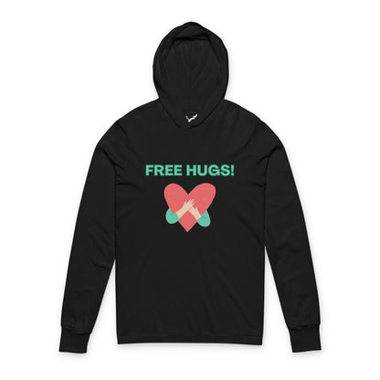 Black hoodie with 'FREE HUGS!' text and heart design on a white background