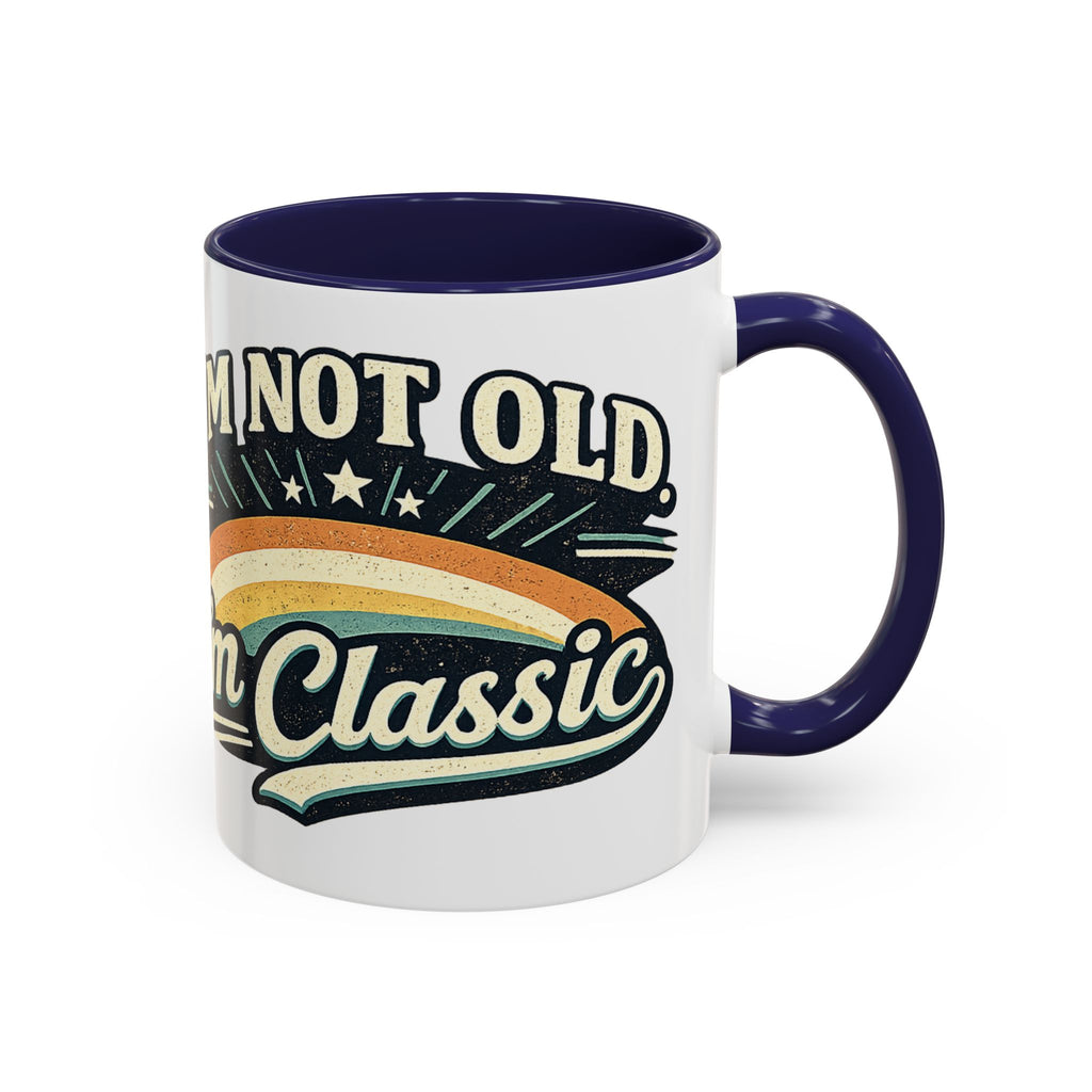 White mug with purple interior and handle, featuring a retro-style design and text.