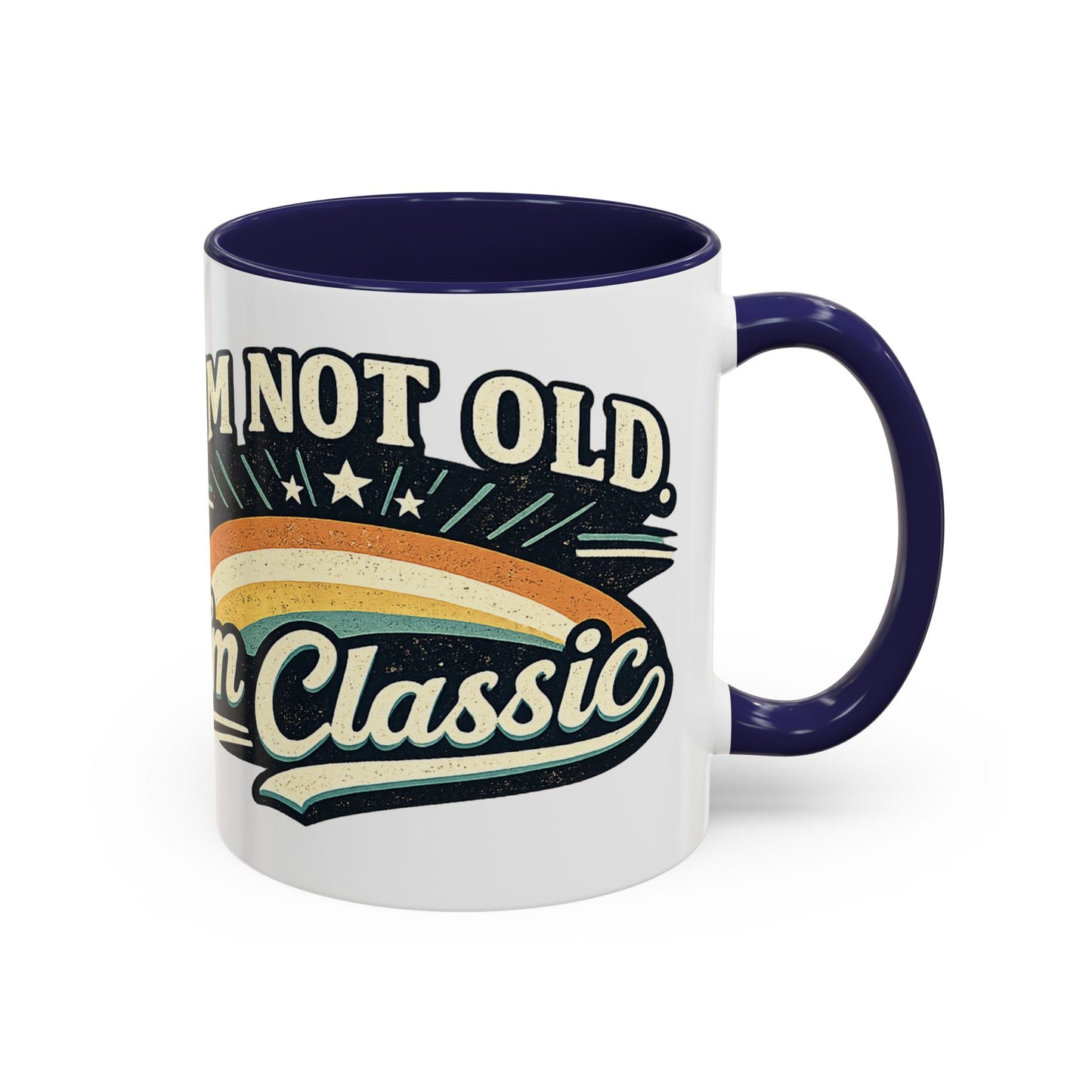 White mug with purple interior and handle, featuring a retro-style design and text.