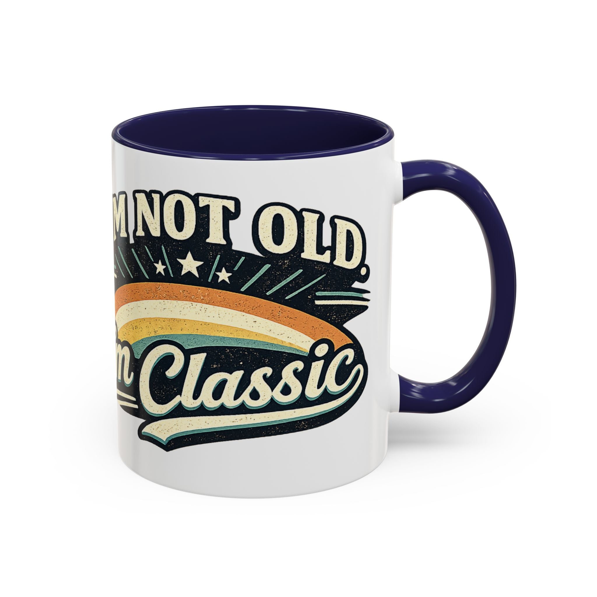 White mug with purple interior and handle, featuring a retro-style design and text.
