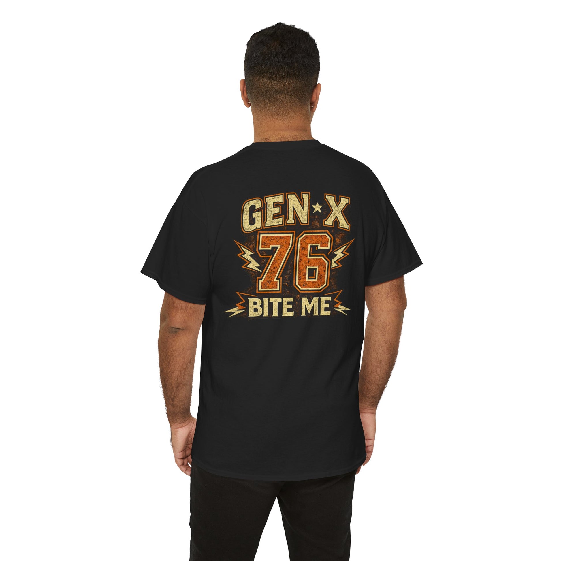 Person wearing a black t-shirt with 'GEN-X 76 BITE ME' text on the back.