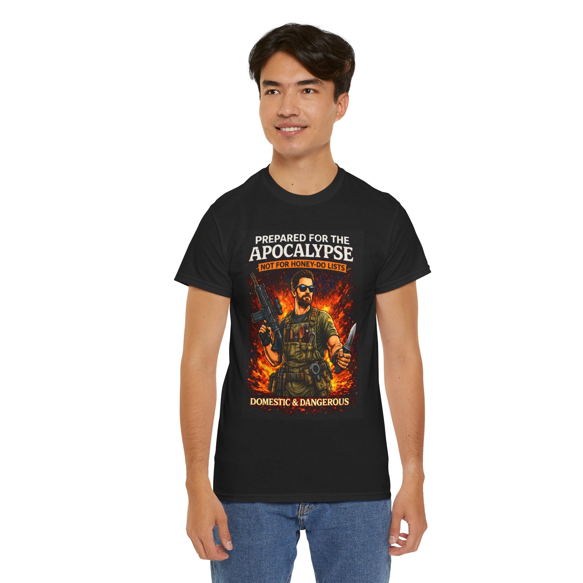 Person wearing a black t-shirt with a graphic design and text on a white background
