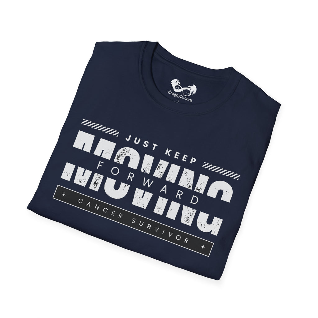 This unisex t-shirt is a canvas for self-expression, crafted for those who embrace resilience. With the phrase "Just Keep Moving Forward - Cancer Survivor" emblazoned across the chest, it celebrates strength and spirit.