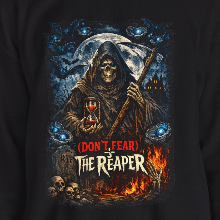 Person wearing a black sweatshirt with a graphic design and text on a white background