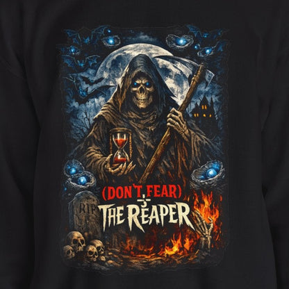 Person wearing a black sweatshirt with a graphic design and text on a white background