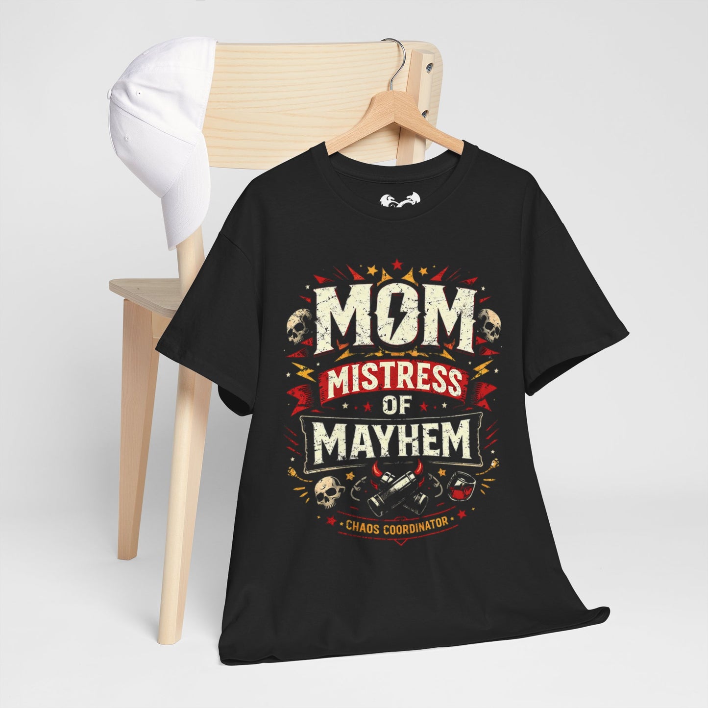 Black t-shirt with 'Mom Mistress of Mayhem' design on a hanger against a white background