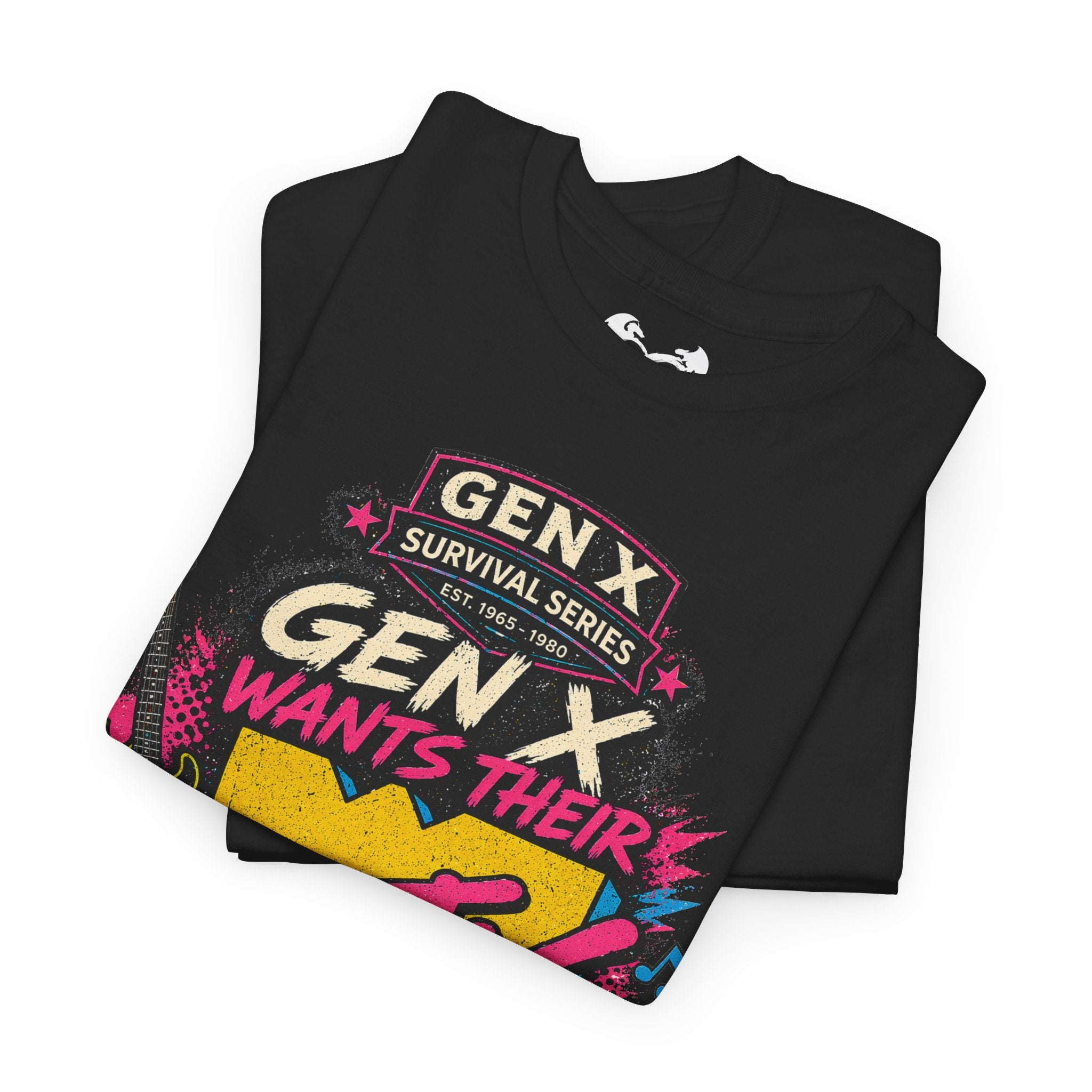 Black t-shirt with colorful 'GEN X' design on a white background