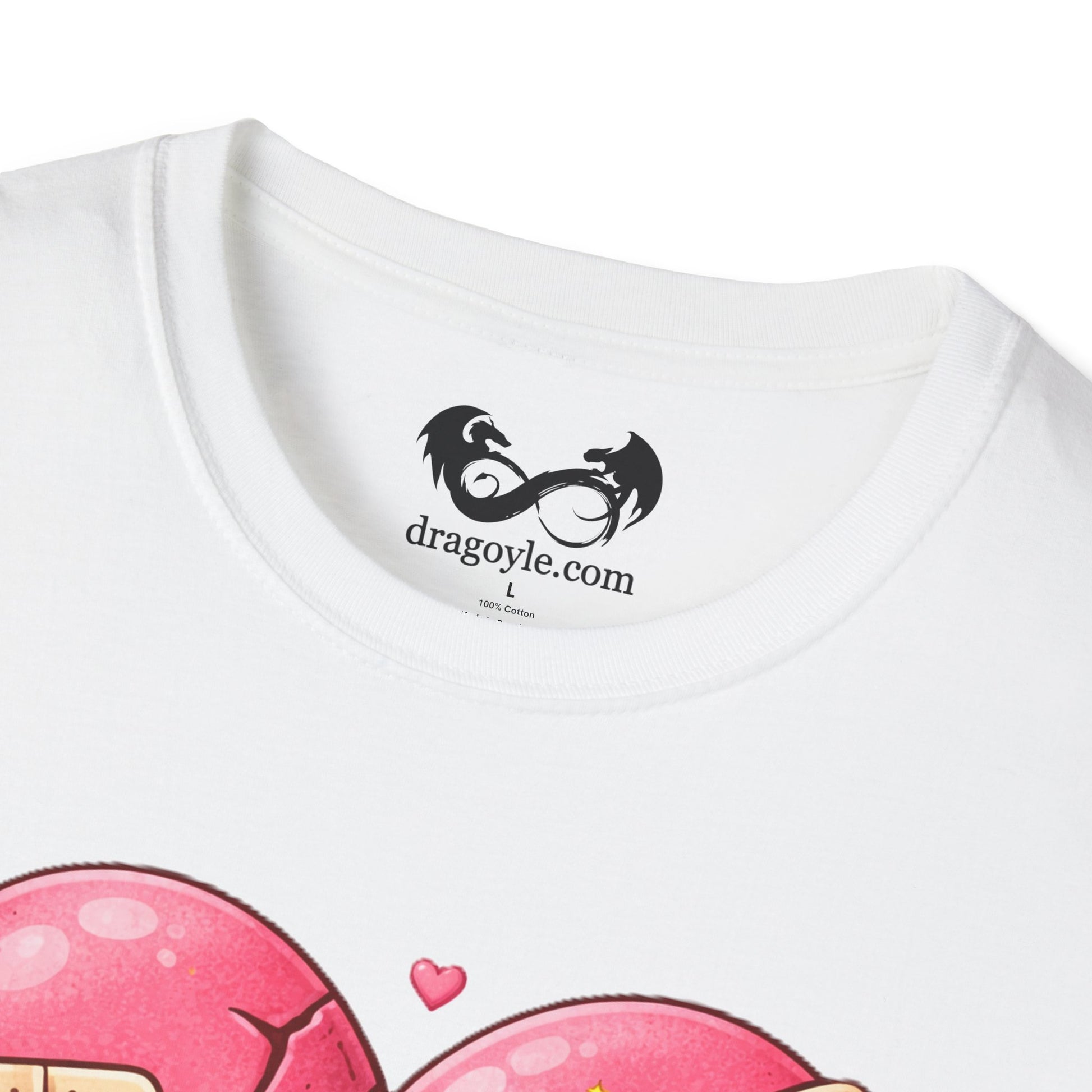 White t-shirt with pink dragon design and 'dragoyle.com' logo on a white background