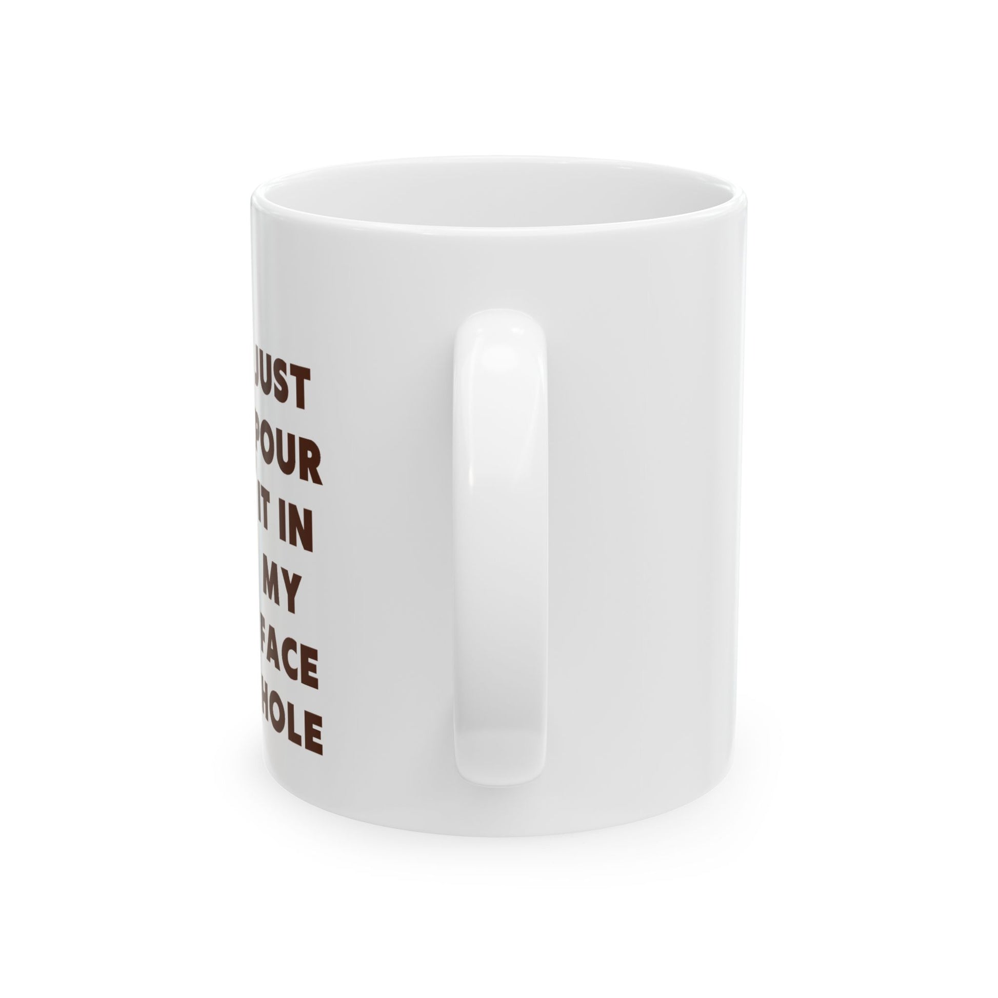 White mug with text on a white background