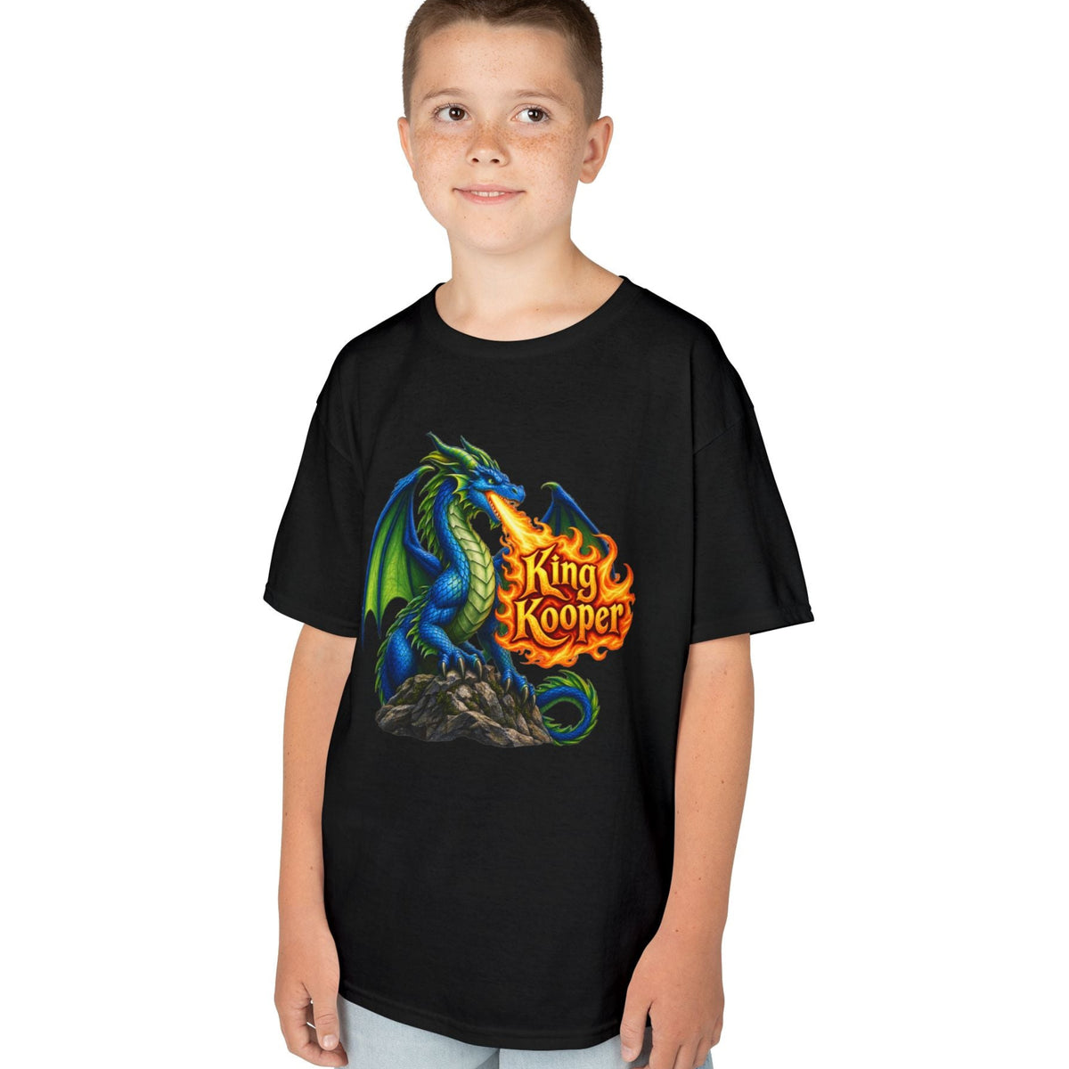 A child wearing a black short-sleeve t-shirt with a colorful graphic of a blue and green dragon breathing fire next to the text 'King Kooper'.