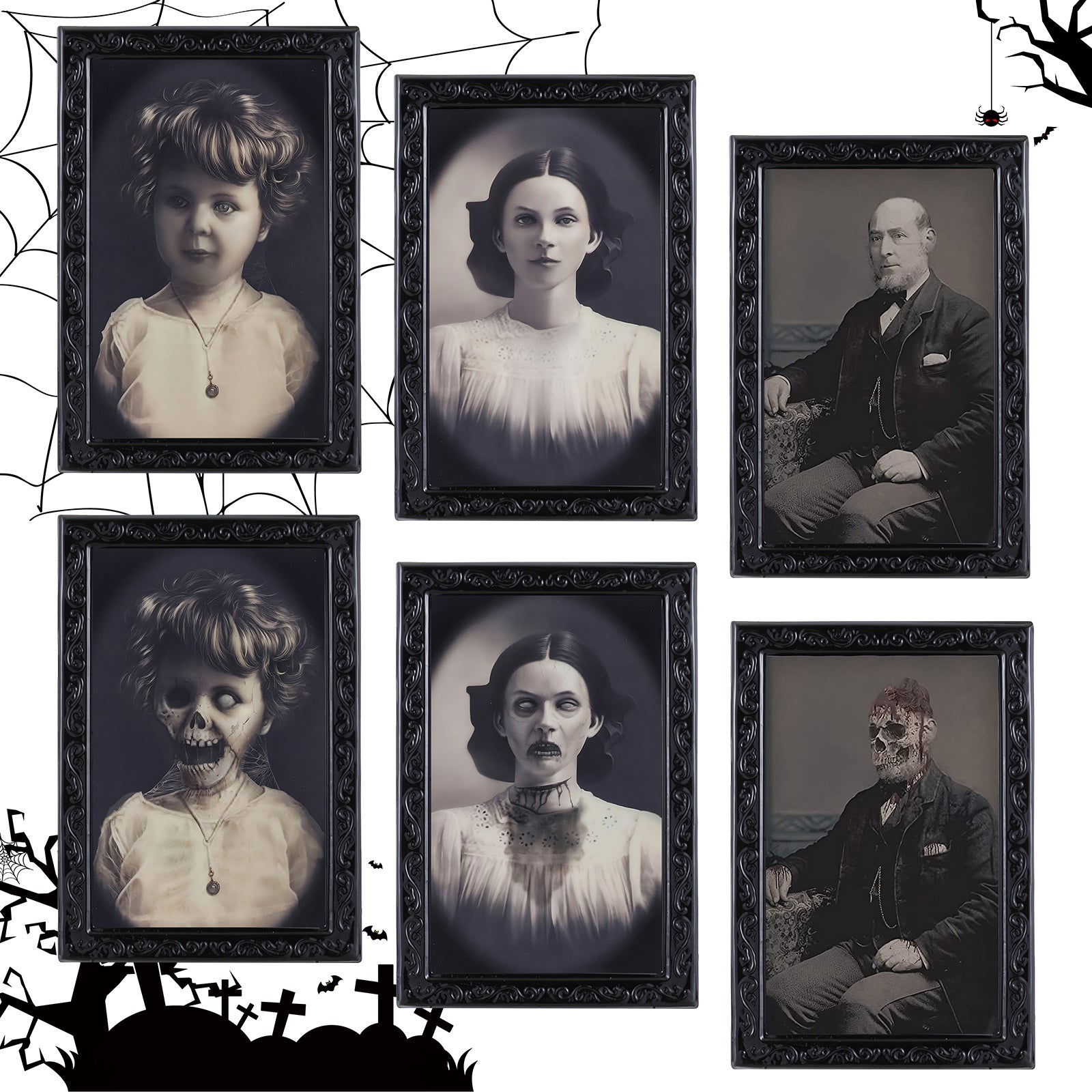 Transform your space with Creepy 3D Changing Framed Portraits! Experience a thrilling shift in perspective as these portraits come to life. A must-have for those who crave love Halloween or have a haunted house. Don't miss out on this uniquely bold and captivating addition to your home décor!