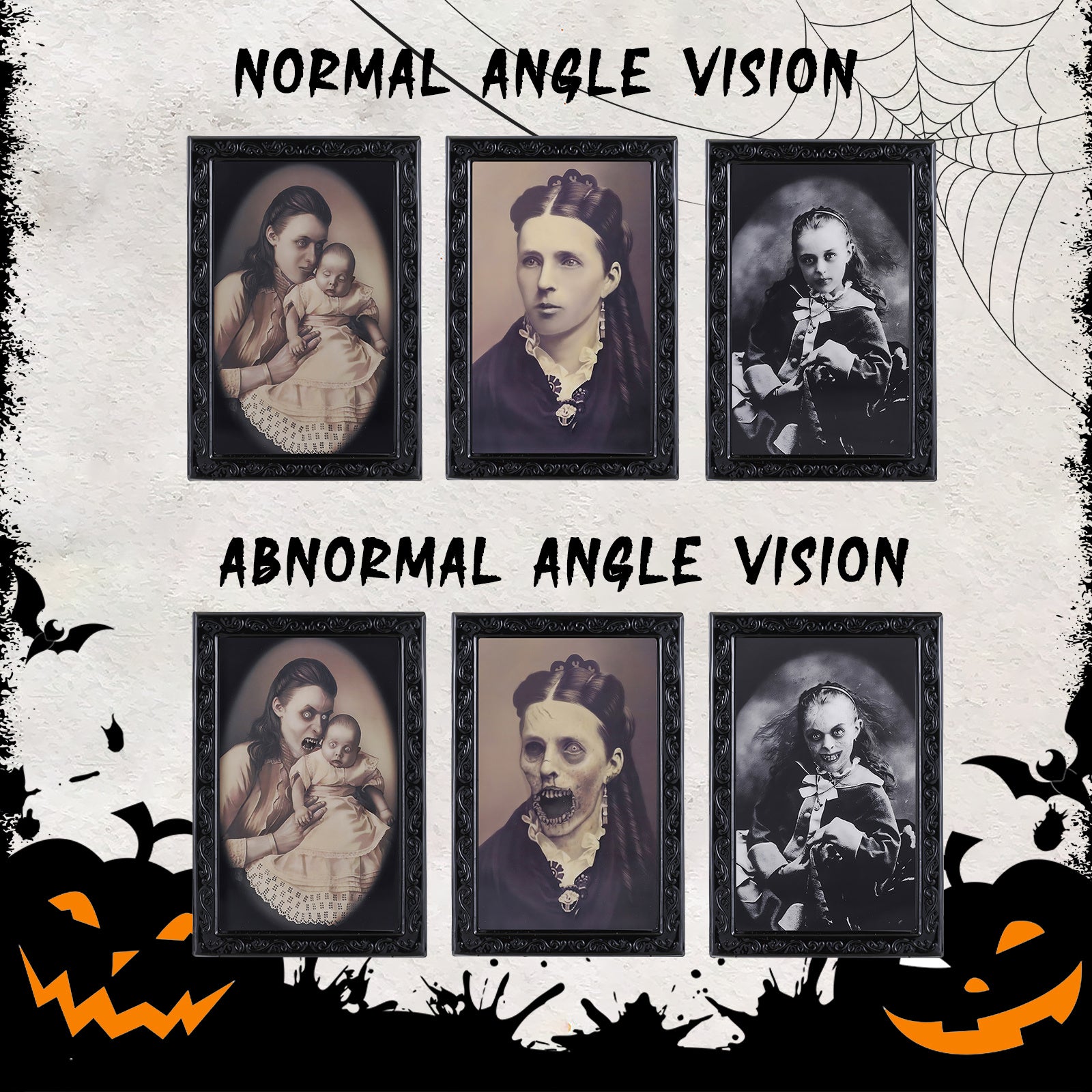 Transform your space with Creepy 3D Changing Framed Portraits! Experience a thrilling shift in perspective as these portraits come to life. A must-have for those who crave love Halloween or have a haunted house. Don't miss out on this uniquely bold and captivating addition to your home décor!