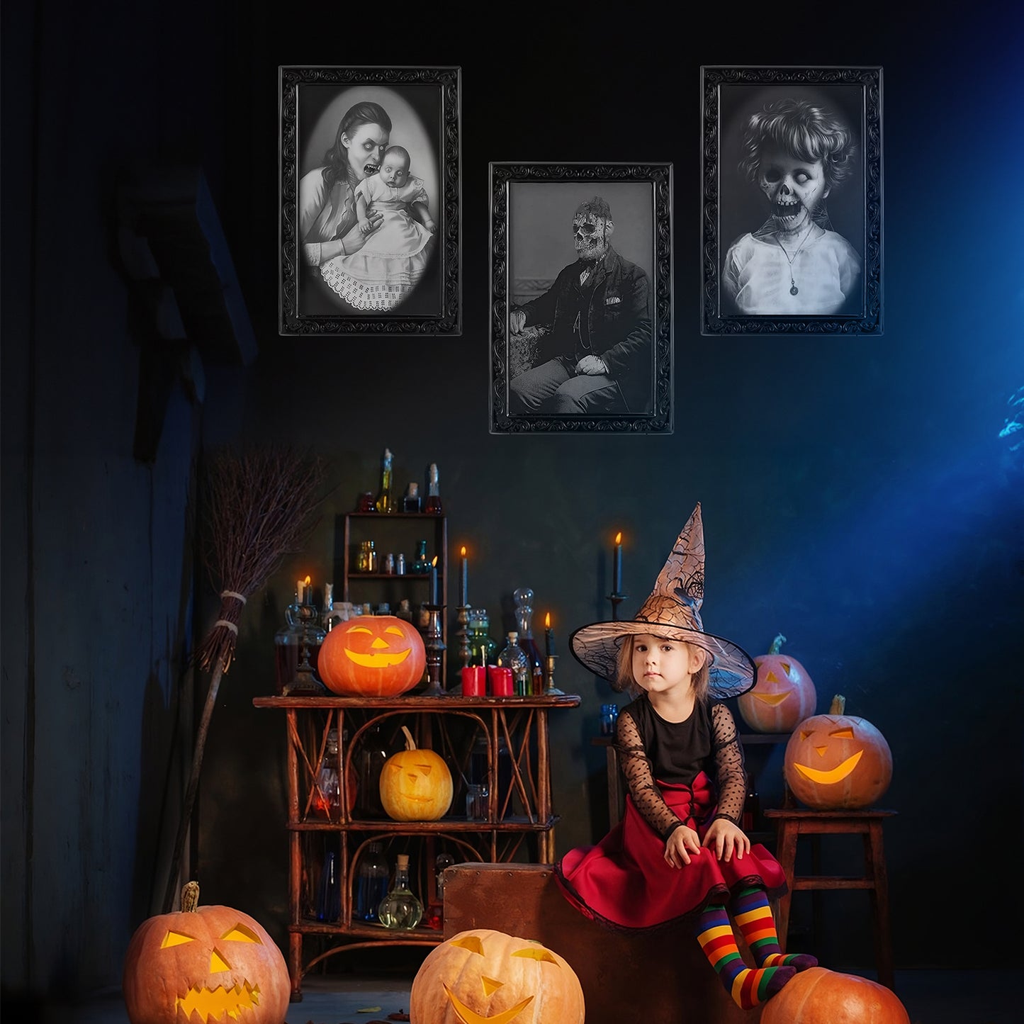 Transform your space with Creepy 3D Changing Framed Portraits! Experience a thrilling shift in perspective as these portraits come to life. A must-have for those who crave love Halloween or have a haunted house. Don't miss out on this uniquely bold and captivating addition to your home décor!