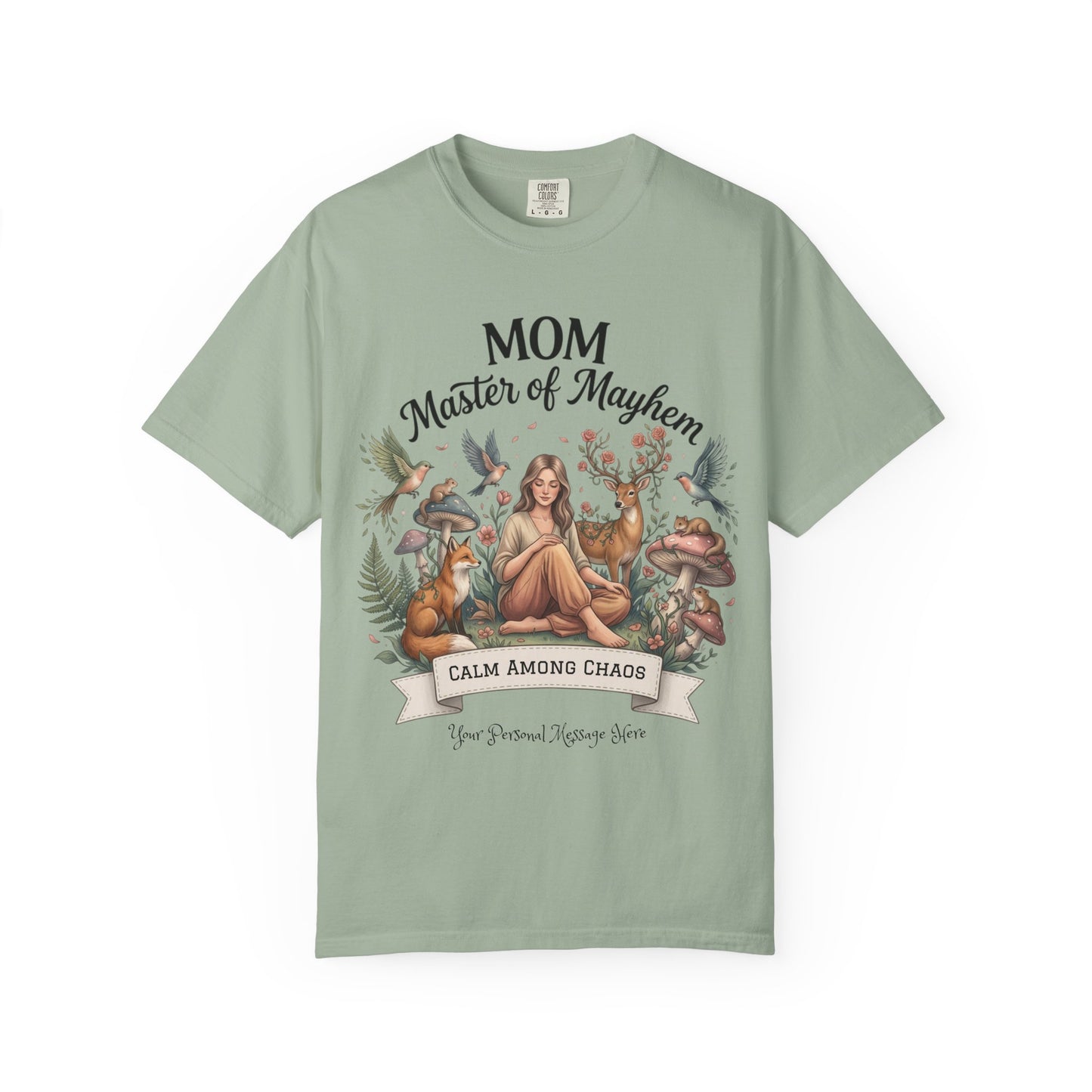 Light green t-shirt with nature-themed design and text on a white background
