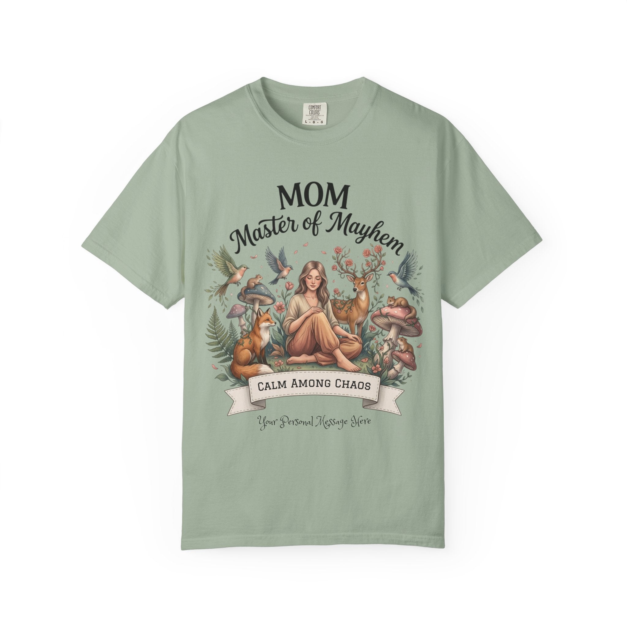 Light green t-shirt with nature-themed design and text on a white background