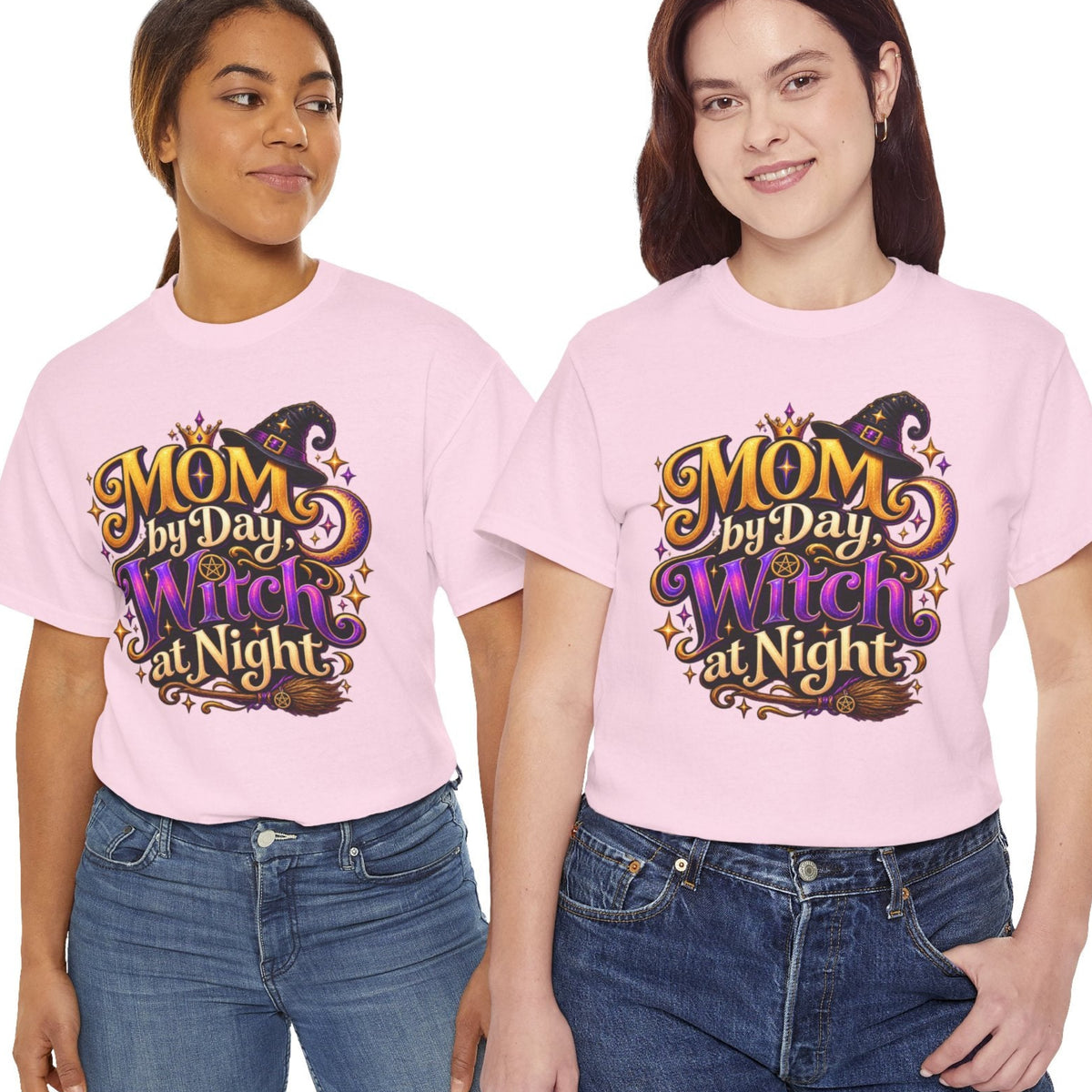 Two women modeling matching light pink graphic T-shirts with a 'MOM my Day Witch at Night' design in purple, gold, and black, paired with blue jeans against a white background.