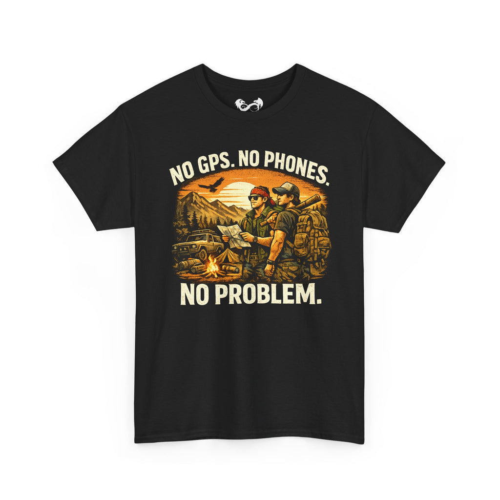 Black t-shirt with graphic design and text 'No GPS. No Phones. No Problem.' on a white background