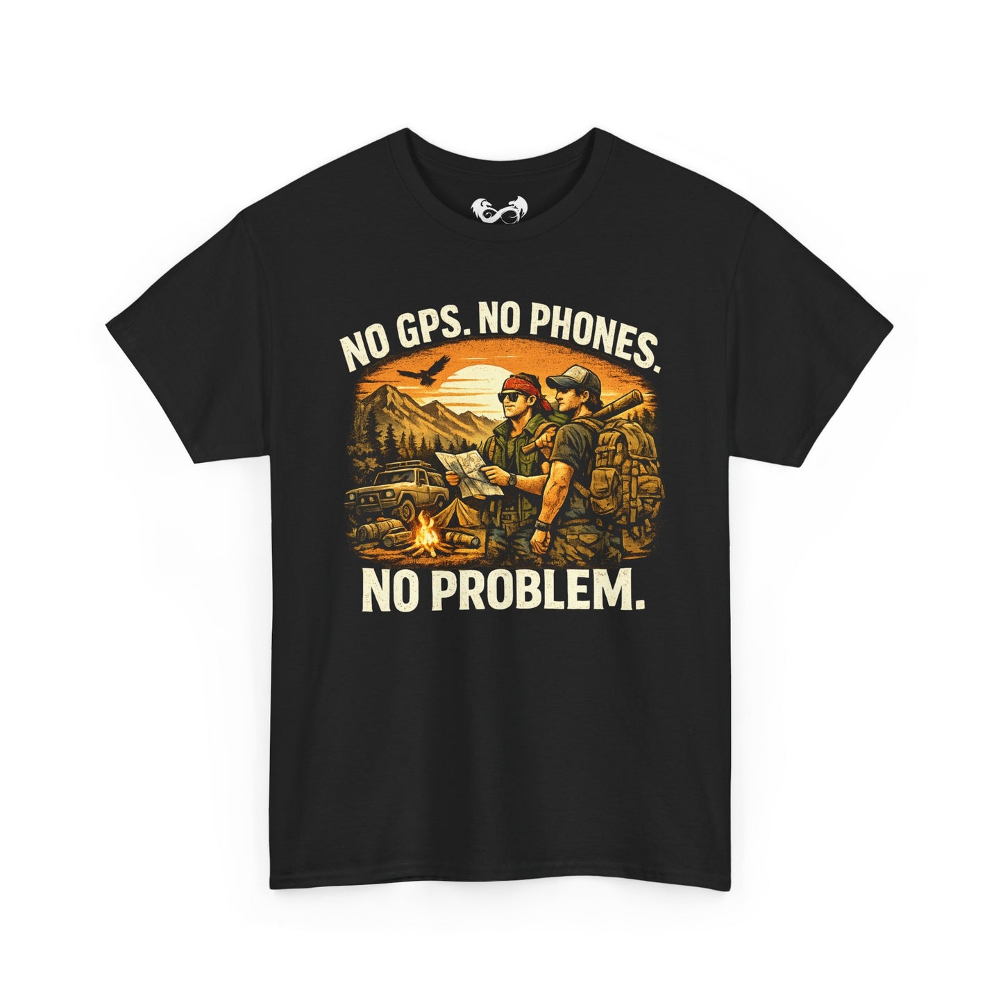 Black t-shirt with graphic design and text 'No GPS. No Phones. No Problem.' on a white background