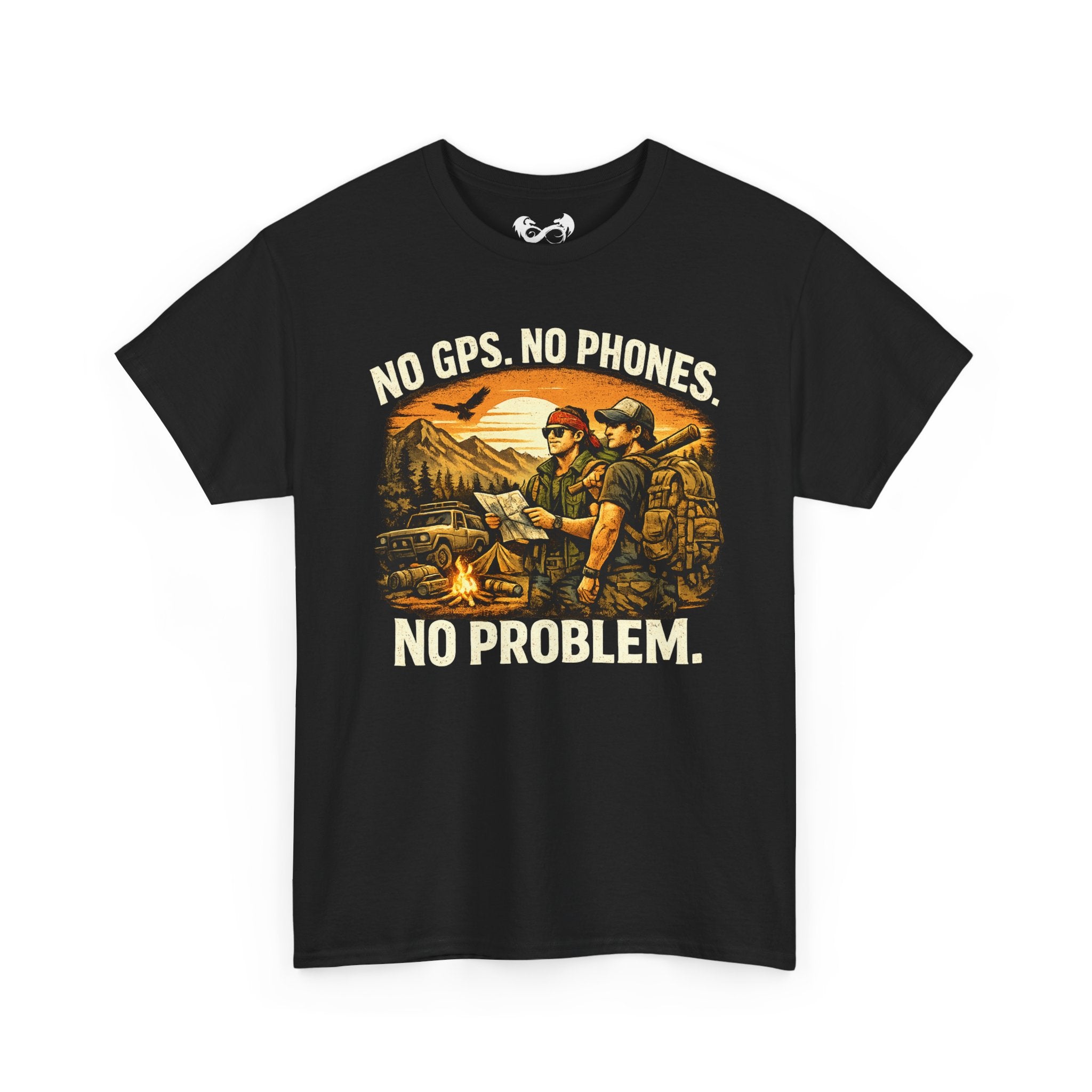Black t-shirt with graphic design and text 'No GPS. No Phones. No Problem.' on a white background