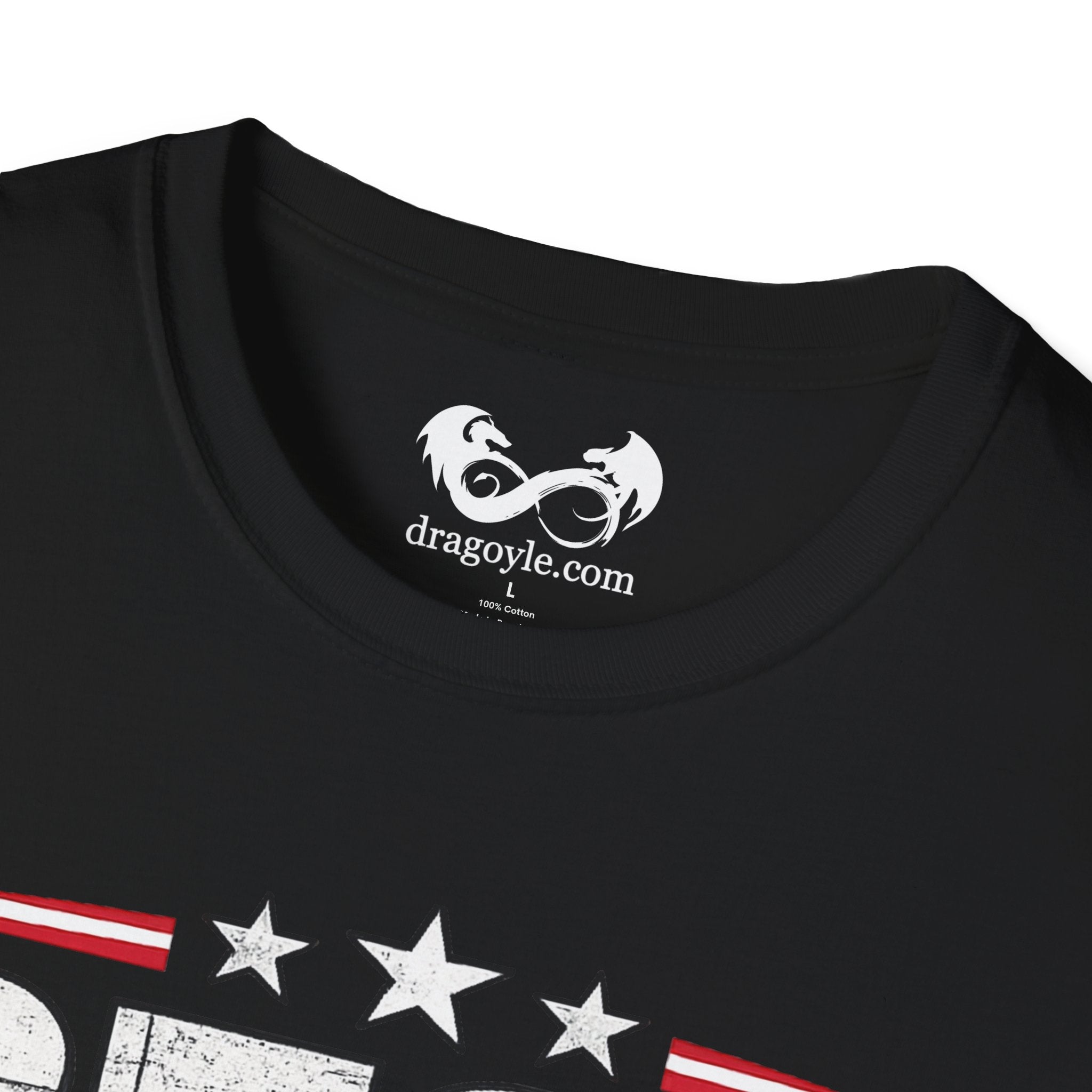 Black t-shirt with white Dragoyle logo and graphic design on a white background