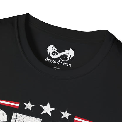 Black t-shirt with white Dragoyle logo and graphic design on a white background