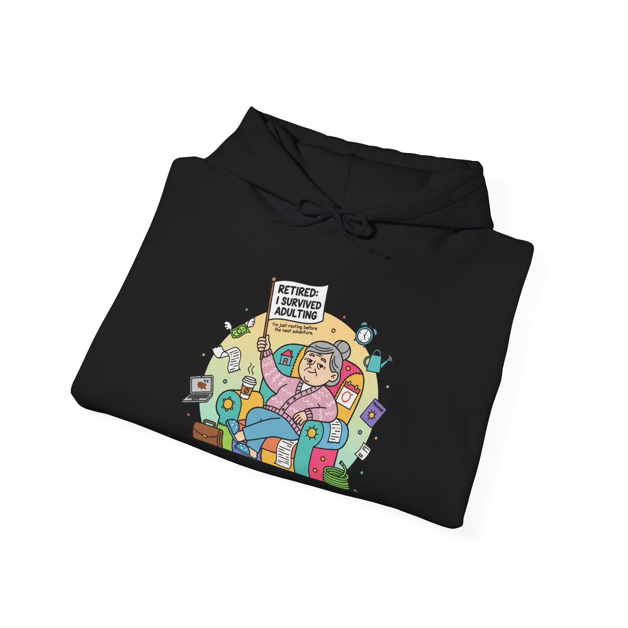 Black hoodie with a colorful graphic design on a white background