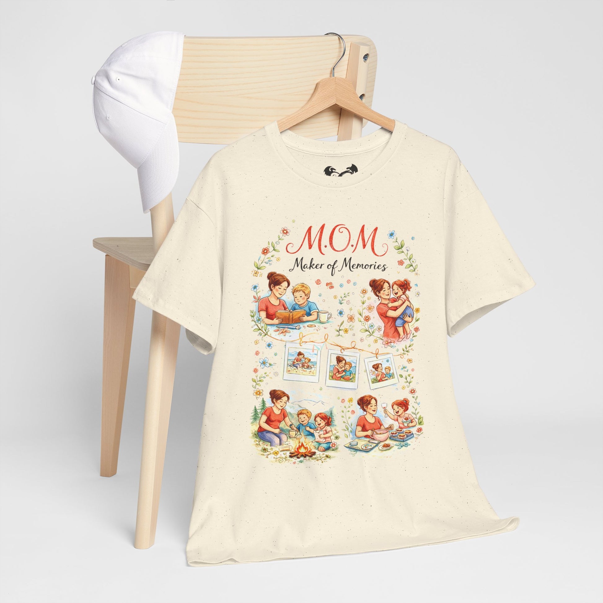 T-shirt with a colorful graphic design on a hanger against a white background