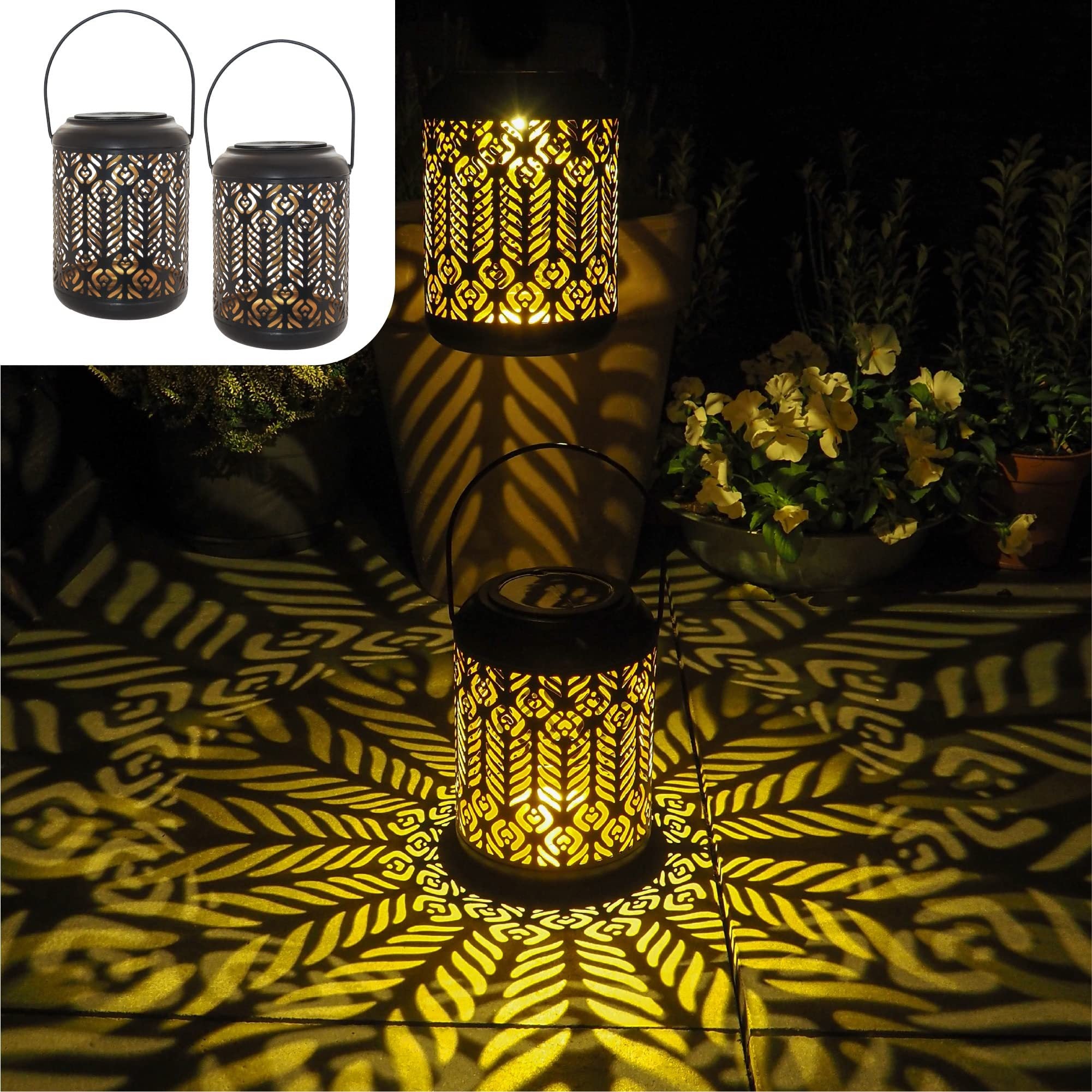 Decorative lantern casting patterns on a surface with inset showing two similar lanterns.