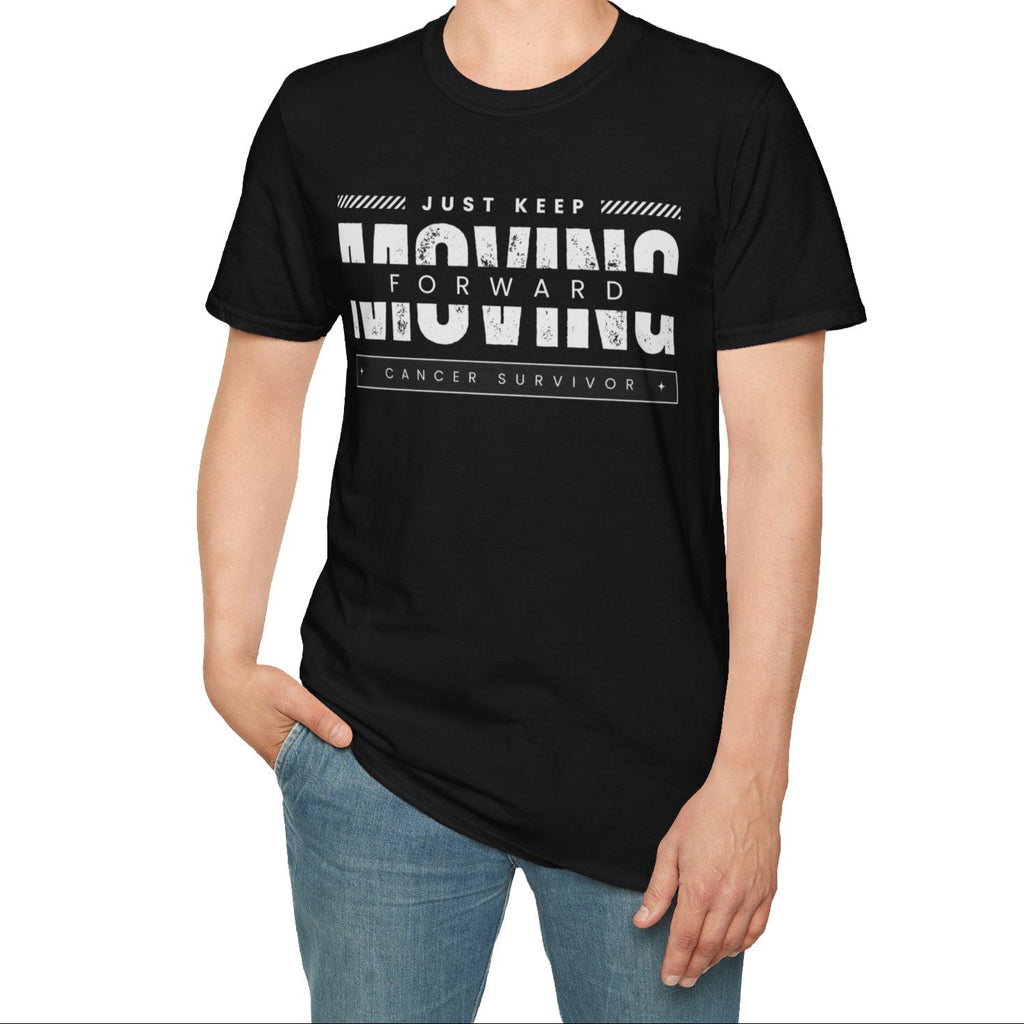 This unisex t-shirt is a canvas for self-expression, crafted for those who embrace resilience. With the phrase "Just Keep Moving Forward - Cancer Survivor" emblazoned across the chest, it celebrates strength and spirit.