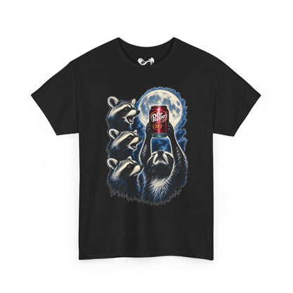 Raccoons Worshiping a can of Dr. Pepper Soda With Full Moon Comfortable Cotton T-Shirt