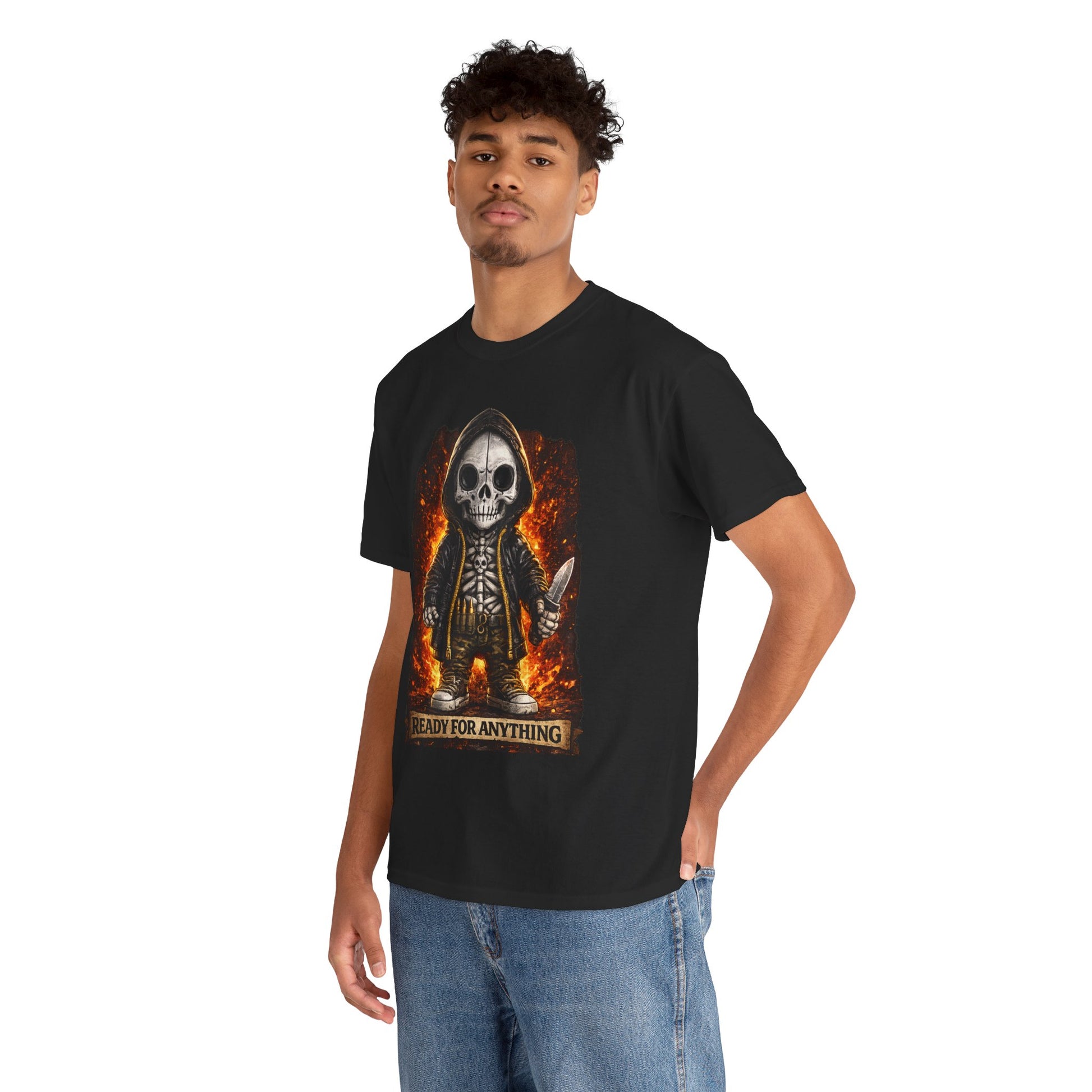 Person wearing a black t-shirt with a graphic design of a skeleton and flames on a white background