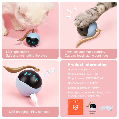 Experience endless fun with your cat with our Self-Rotating Cat Play Ball! This innovative ball automatically rotates, keeping your cat engaged and entertained for hours. No batteries required - simply roll it to activate the rotation.