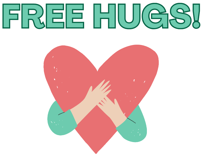 Illustration of two hands holding a red heart with 'FREE HUGS!' text above on a white background
