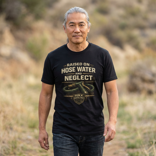 Man wearing a black t-shirt with text and graphic in a desert setting