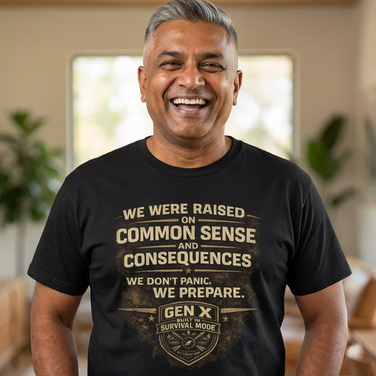This Gen X Survival Series tee says it exactly how we lived it:
We Don’t Panic. We Prepare.
Bold distressed print. Rugged vintage styling. Official Gen X Survival Mode badge stamped like a badge of honor.