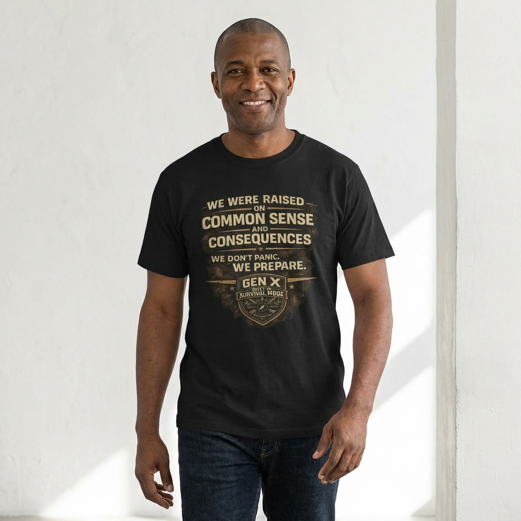 This Gen X Survival Series tee says it exactly how we lived it:
We Don’t Panic. We Prepare.
Bold distressed print. Rugged vintage styling. Official Gen X Survival Mode badge stamped like a badge of honor.
