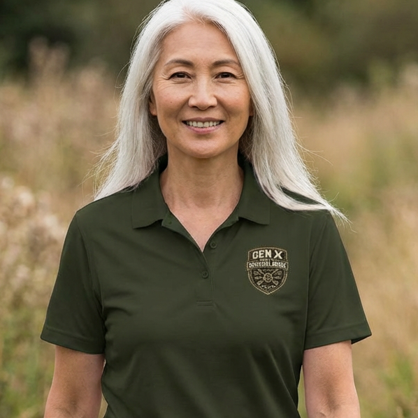 Woman wearing a green polo shirt with a logo in a field