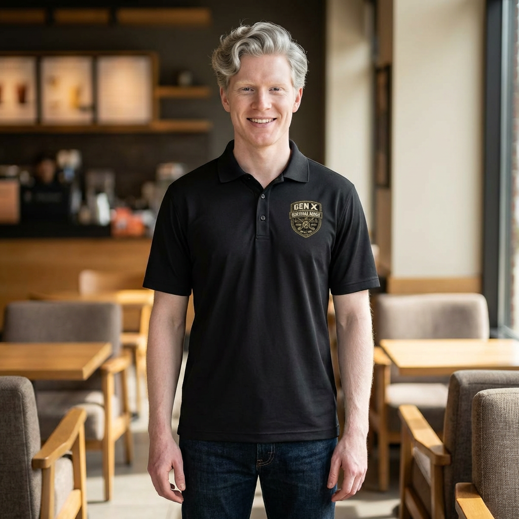 Man wearing a black polo shirt with a logo in a casual setting