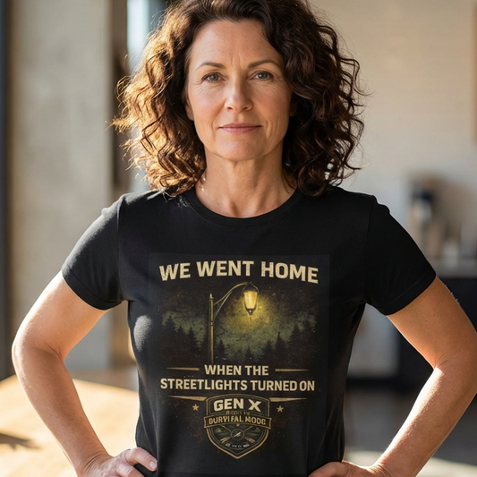Woman wearing a black t-shirt with text and graphics, standing in a casual indoor setting.