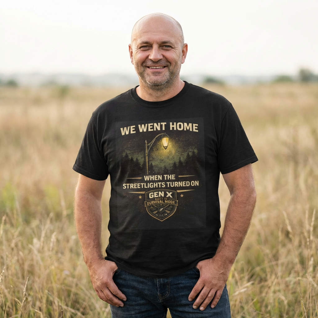 Man wearing a black t-shirt with text standing in a field