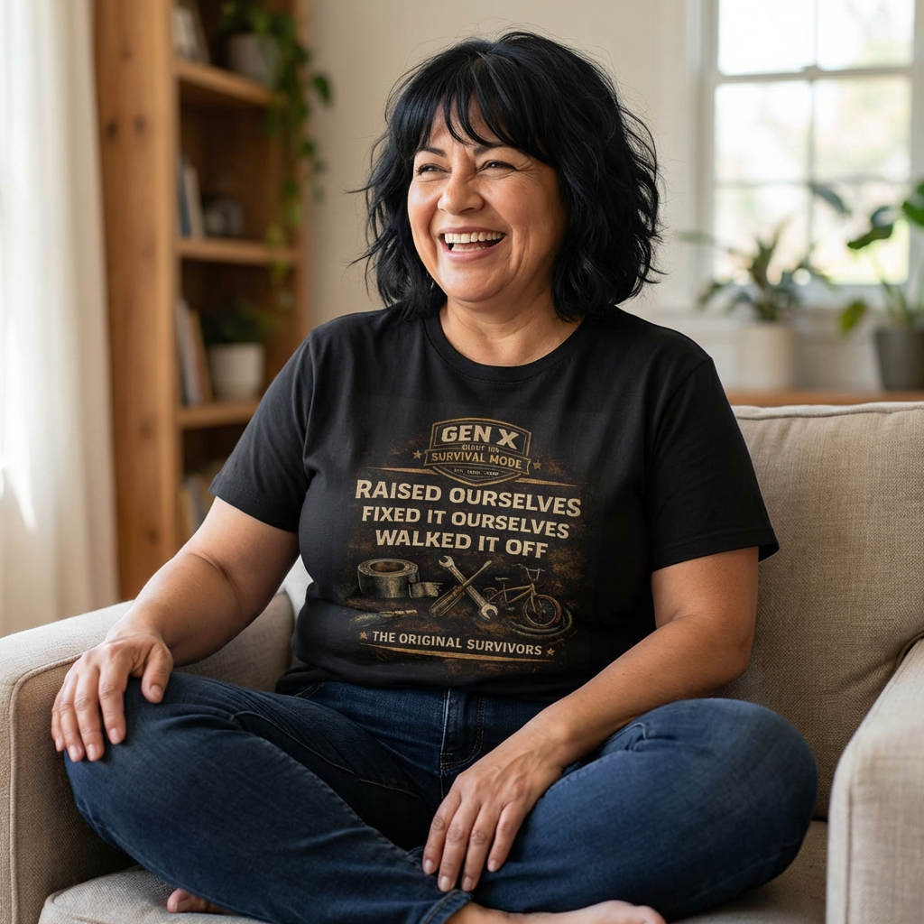 Woman sitting on a couch wearing a black t-shirt with text and graphics.