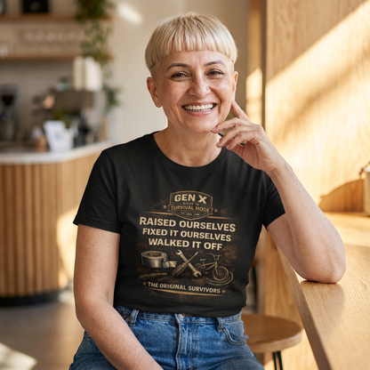 Woman wearing a black t-shirt with text and graphics, sitting in a modern kitchen.