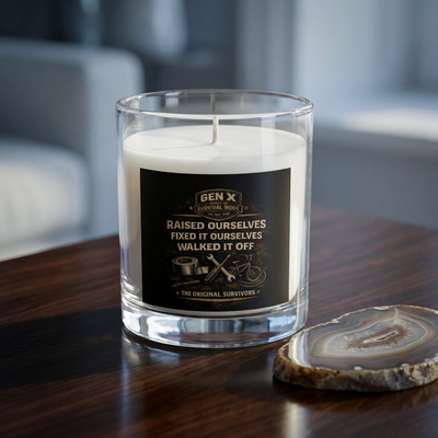 Candle in a glass jar with a label on a wooden surface