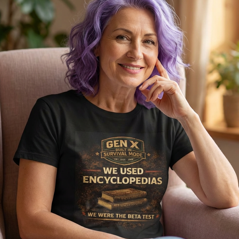 Woman sitting on a couch wearing a black t-shirt with text and graphics.